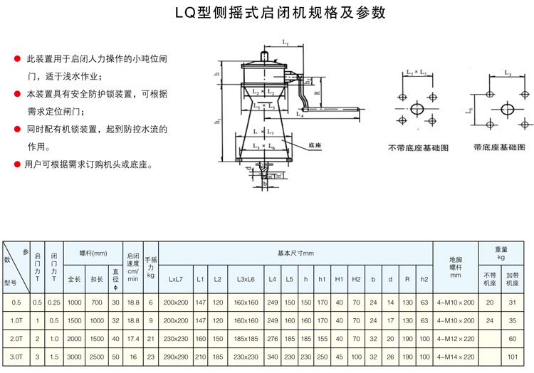 LQ型側搖式啟閉機規(guī)格及參數(shù)